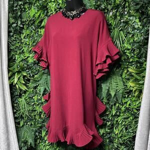 GARCIA Dress Women Medium Red Ruffle Pleated Round Neckline Shift‎ Cocktail 2794